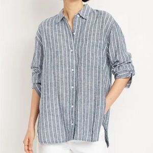 Old Navy Button-Down Linen-Blend Striped Shirt Boyfriend